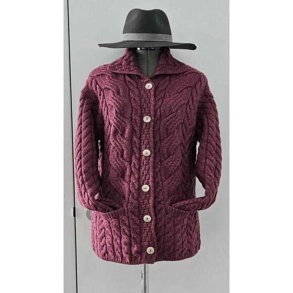 ARAN Woolen Mills IRELAND soft chunky merino-wool knit pocket sweater cardigan L - Picture 9 of 14